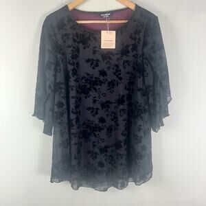 Womens Top Sz 10 Black Purple Velvet Burnout Butterfly Sheer Sleeve Whimsigoth